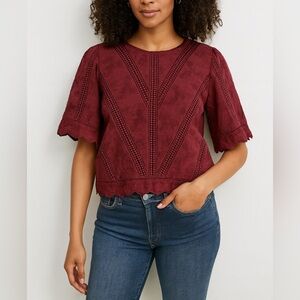 Jennifer & Grace Burgundy Embroidered Cotton Crop Top Lace Trim L